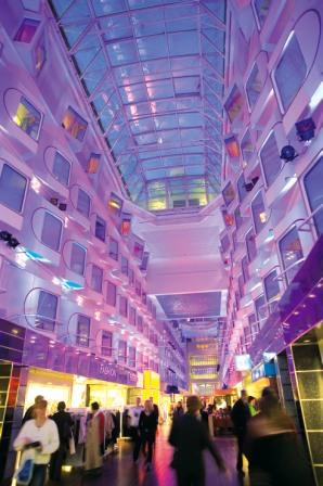 There is a large promenade inside the ship reaching up several decks.
