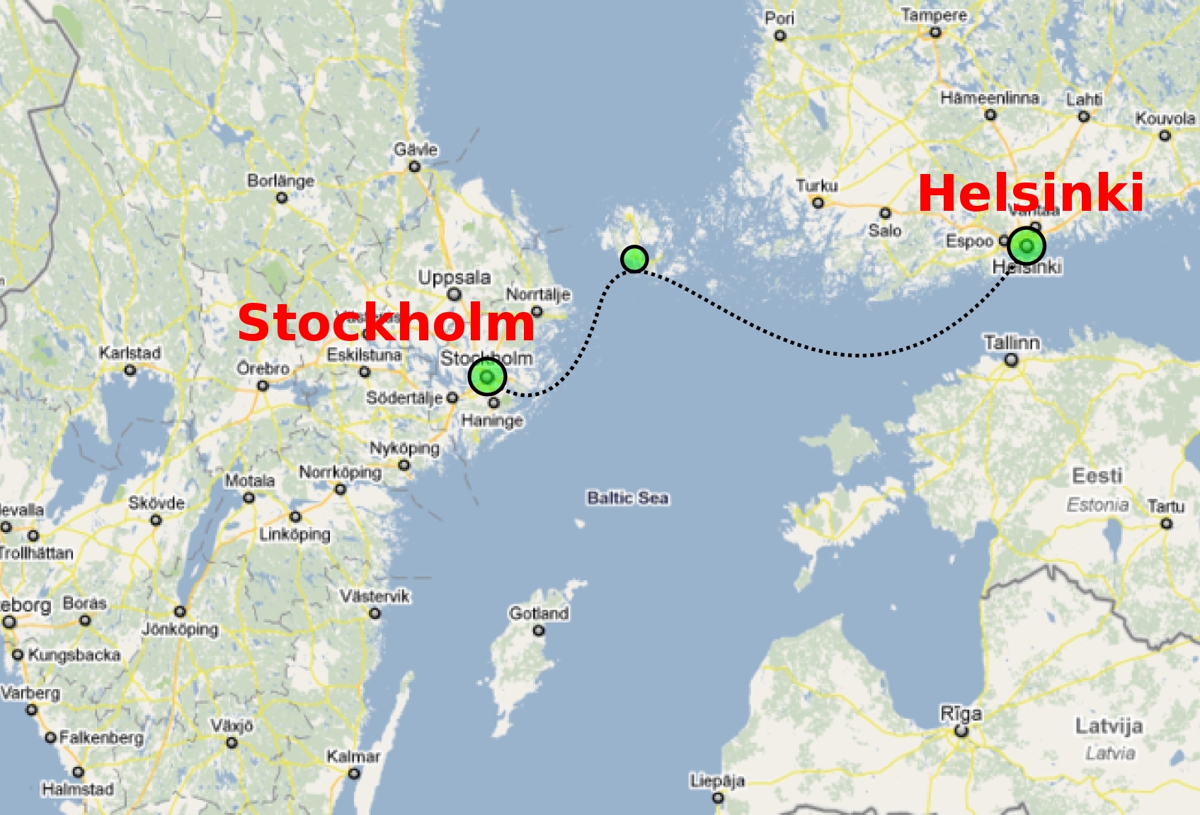 The route of the ship from Helsinki to Stockholm (and back).